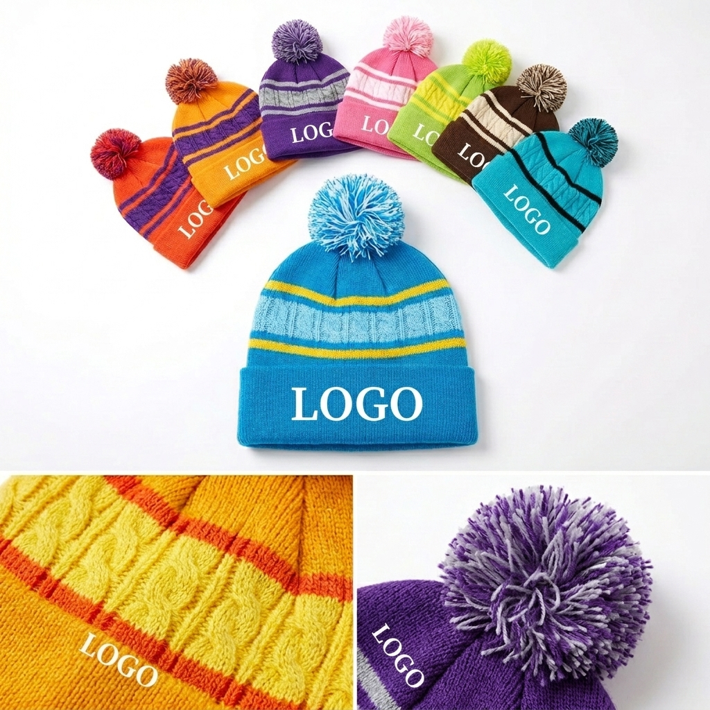 Multicolor Striped Knit Beanie with Plush Pom Pom