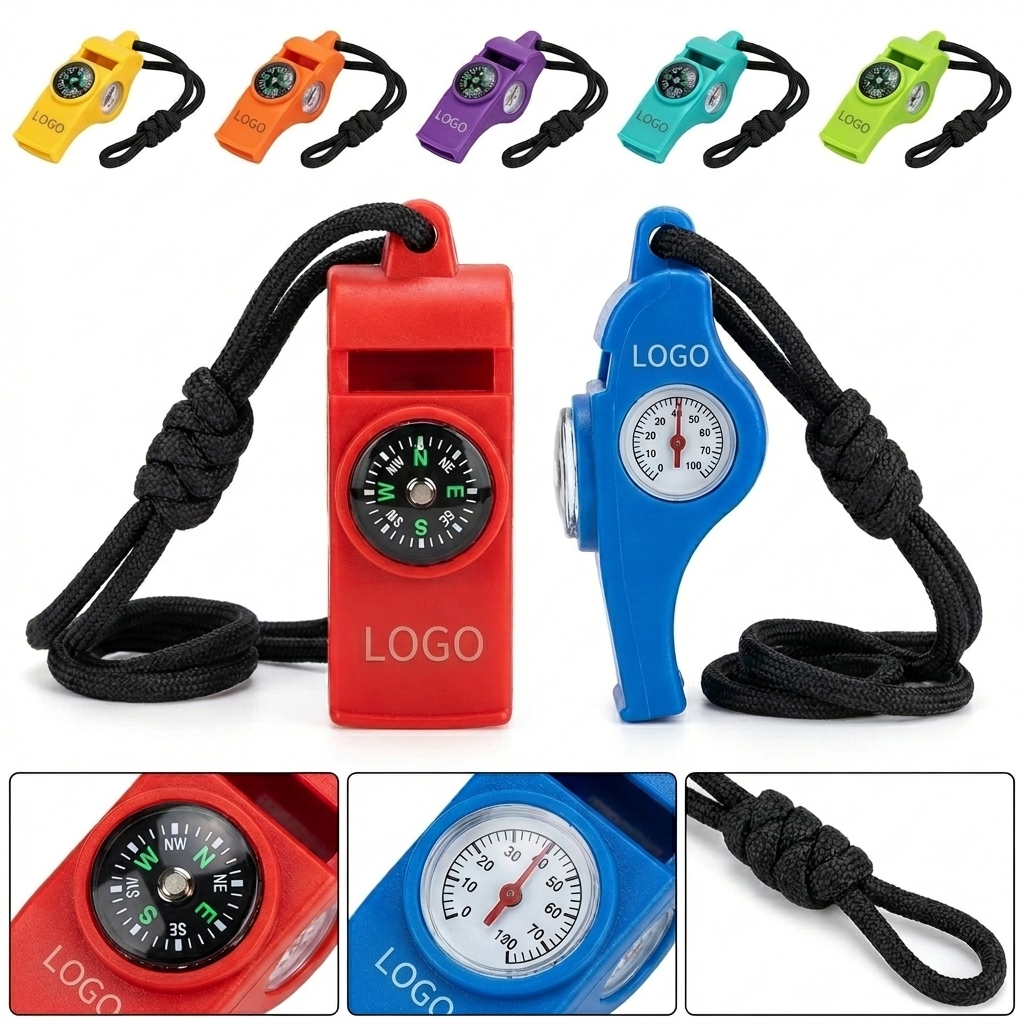 Multi-Function Survival Whistle with Compass, Thermometer & Lanyard